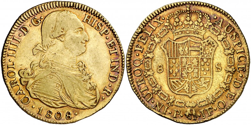 1808. Carlos IV. Popayán. JF. 8 escudos. (Cal. 91) (Cal.Onza 1075) (Restrepo 97-...