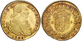 1808. Carlos IV. Popayán. JF. 8 escudos. (Cal. 91) (Cal.Onza 1075) (Restrepo 97-40). 26,94 g. Precioso color. MBC+.