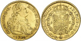 1791. Carlos IV. Potosí. PR. 8 escudos. (Cal. 95) (Cal.Onza 1084). 26,80 g. Busto laureado. Insignificante hojita, pero buen ejemplar. Pátina. Ex Áure...