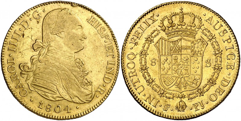 1804. Carlos IV. Potosí. PJ. 8 escudos. (Cal. 111) (Cal.Onza 1103). 26,95 g. Lev...