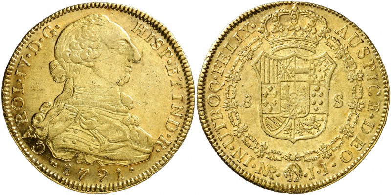 1791. Carlos IV. Santa Fe de Nuevo Reino. JJ. 8 escudos. (Cal. 119) (Cal.Onza 11...