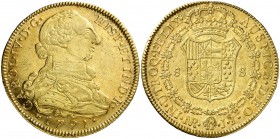 1791. Carlos IV. Santa Fe de Nuevo Reino. JJ. 8 escudos. (Cal. 119) (Cal.Onza 1116) (Restrepo 95-8). 27,05 g. Busto de Carlos III. Ordinal IV. Mínimas...