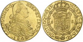 1802. Carlos IV. Santa Fe de Nuevo Reino. JJ. 8 escudos. (Cal. 135) (Cal.Onza 1138) (Restrepo 97-27). 27 g. Golpecito en canto. Bella. Brillo original...