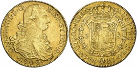 1806. Carlos IV. Santa Fe de Nuevo Reino. JJ. 8 escudos. (Cal. 142) (Cal.Onza 1145) (Restrepo 97-36a). 26,72 g. Leves marquitas. Bonito color. MBC+.