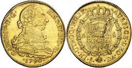 1790. Carlos IV. Santiago. DA. 8 escudos. (Cal. 147) (Cal.Onza 1152). 26,98 g. Busto de Carlos III. Ordinal IV. Rayita de acuñación en anverso y hojit...