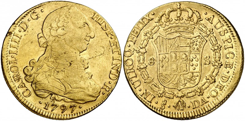 1797. Carlos IV. Santiago. DA. 8 escudos. (Cal. 156) (Cal.Onza 1161). 26,78 g. H...