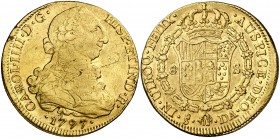 1797. Carlos IV. Santiago. DA. 8 escudos. (Cal. 156) (Cal.Onza 1161). 26,78 g. Hojitas. Algo descentrada. Parte de brillo original. MBC/MBC+.