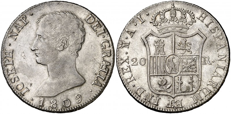 1809. José Napoleón. Madrid. AI. 20 reales. (Cal. 24). 26,72 g. Bonita pátina. M...