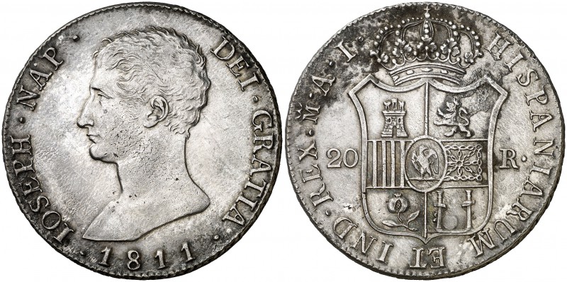 1811. José Napoleón. Madrid. AI. 20 reales. (Cal. 29). 26,93 g. Águila pequeña. ...