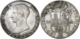 1811. José Napoleón. Madrid. AI. 20 reales. (Cal. 29). 26,93 g. Águila pequeña. Oxidaciones superficiales en reverso. Escasa. (MBC+).