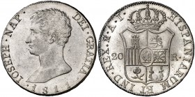 1811. José Napoleón. Madrid. AI. 20 reales. (Cal. 29). 26,81 g. Águila pequeña. Bella. Brillo original. Rara así. EBC+.