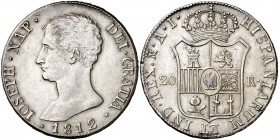 1812. José Napoleón. Madrid. AI. 20 reales. (Cal. 30). 26,65 g. Golpecitos. Bonita pátina. Rara. MBC+.