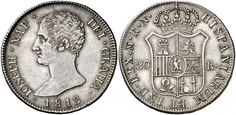 1813. José Napoleón. Madrid. RN. 20 reales. (Cal. 31). 26,88 g. Preciosa pátina....