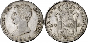 1813. José Napoleón. Madrid. RN. 20 reales. (Cal. 31). 27,38 g. Bella. Preciosa pátina. Ex Áureo & Calicó 14/12/2016, nº 1689. Rara y más así. EBC+....