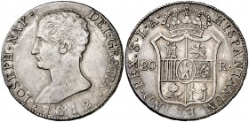 1812. José Napoleón. Sevilla. LA. 20 reales. (Cal. 35). 26,87 g. Leves golpecitos. Atractiva. Escasa. MBC+.