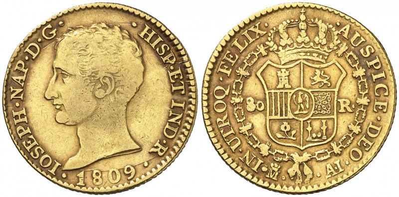 1809. José Napoleón. Madrid. AI. 80 reales. (Cal. 7). 6,72 g. Ex Áureo & Calicó ...