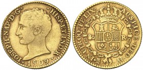 1809. José Napoleón. Madrid. AI. 80 reales. (Cal. 7). 6,72 g. Ex Áureo & Calicó 22/04/2015, nº 2491. Escasa. MBC.