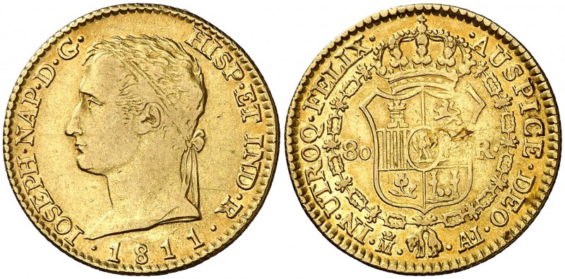 1811. José Napoleón. Madrid. AI. 80 reales. (Cal. falta). 6,75 g. Hojita en reve...