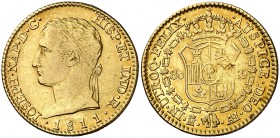 1811. José Napoleón. Madrid. AI. 80 reales. (Cal. falta). 6,75 g. Hojita en reverso. Bonito color. Escasa. MBC.