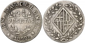 1808. Catalunya Napoleónica. Barcelona. 2 1/2 pesetas. (Cal. 36). 13,35 g. Golpecito en canto. Escasa. MBC/MBC+.