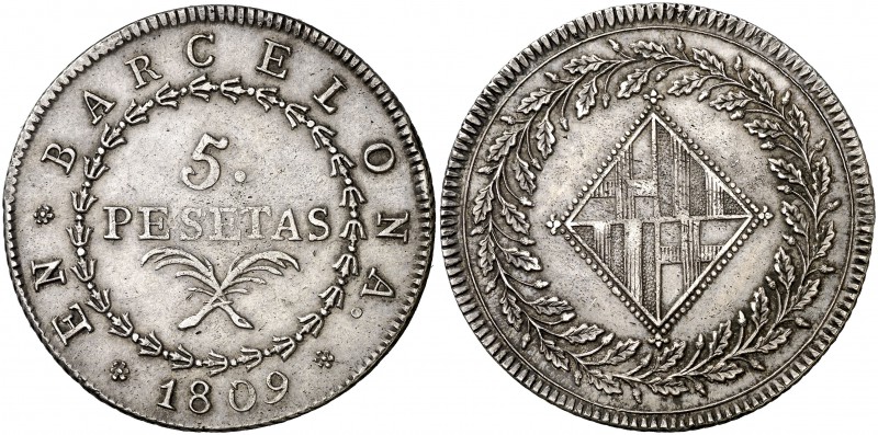 1809. Catalunya Napoleónica. Barcelona. 5 pesetas. (Cal. 14). 27 g. Leves impure...