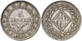 1811. Catalunya Napoleónica. Barcelona. 5 pesetas. (Cal. 16). 26,86 g. Leves marquitas. Bella pátina. EBC-.