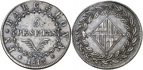 1813. Catalunya Napoleónica. Barcelona. 5 pesetas. (Cal. 21). 26,80 g. Leves marquitas. Bonita pátina. Rara. MBC+.