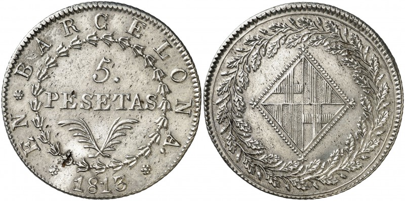 1813. Catalunya Napoleónica. Barcelona. 5 pesetas. (Cal. 21). 26,82 g. Leves imp...