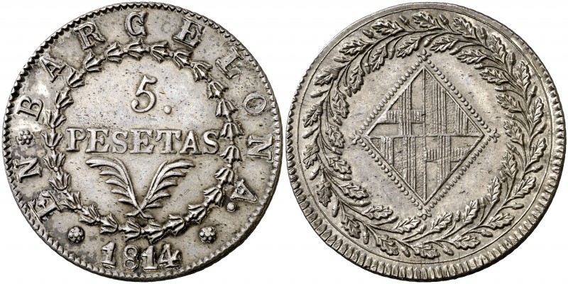 1814. Catalunya Napoleónica. Barcelona. 5 pesetas. (Cal. 22). 26,95 g. Bellísima...