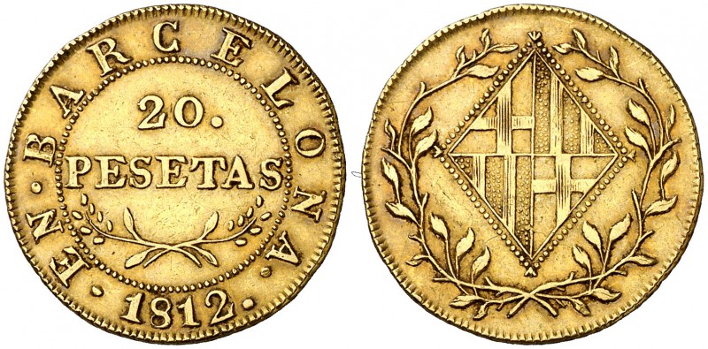 1812. Catalunya Napoleónica. Barcelona. 20 pesetas. (Cal. 4). 6,66 g. Bonito col...
