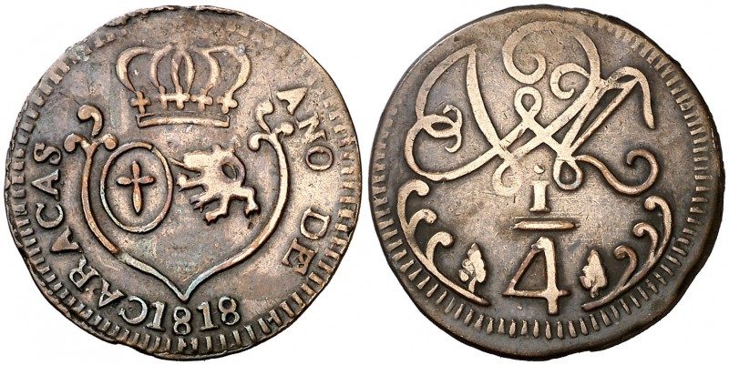 1818. Fernando VII. Caracas. 1/4 de real. (Cal. 1510). 2,68 g. CU. Escasa. MBC.