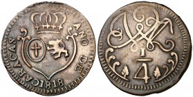 1818. Fernando VII. Caracas. 1/4 de real. (Cal. 1510). 2,68 g. CU. Escasa. MBC.