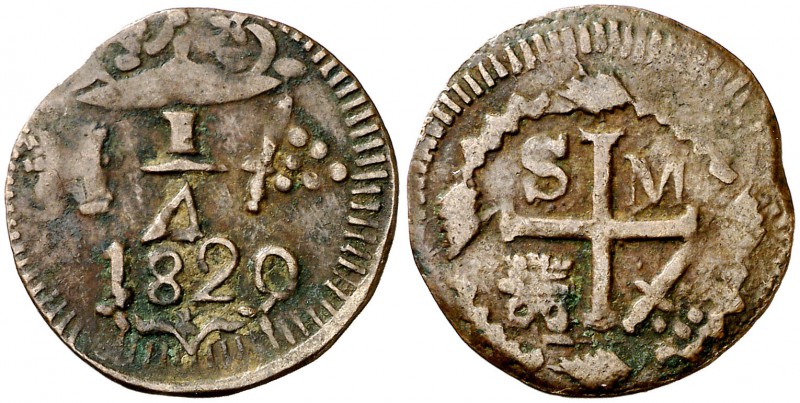 1820. Fernando VII. Santa Marta. 1/4 de real. (Cal. 1668) (Restrepo 104-1). 1,77...