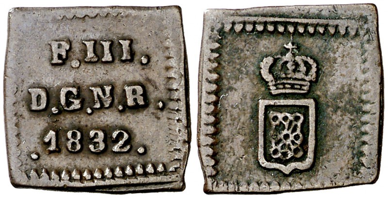 1832. Fernando VII. Pamplona. 1/2 maravedí. (Cal. 1564). 1,09 g. Cospel cuadrado...