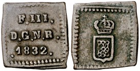 1832. Fernando VII. Pamplona. 1/2 maravedí. (Cal. 1564). 1,09 g. Cospel cuadrado. Escasa. MBC+.