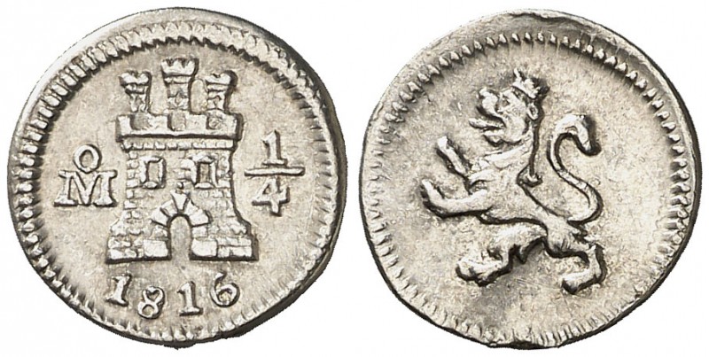 1816. Fernando VII. México. 1/4 de real. (Cal. 1474). 0,81 g. Pequeño defecto de...