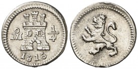 1816. Fernando VII. México. 1/4 de real. (Cal. 1474). 0,81 g. Pequeño defecto de cospel. Bella. Ex Áureo 16/11/2005, nº 150. Rara. EBC+.