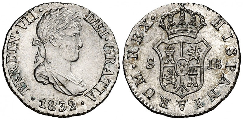 1832. Fernando VII. Sevilla. JB. 1/2 real. (Cal. 1399). 1,46 g. Bella. Brillo or...