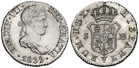 1832. Fernando VII. Sevilla. JB. 1/2 real. (Cal. 1399). 1,46 g. Bella. Brillo original. Escasa así. S/C-.