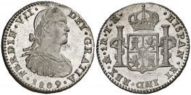 1809. Fernando VII. México. TH. 1 real. (Cal. 1161). 3,38 g. Busto imaginario. Bella. Pleno brillo original. Rara así. S/C-.