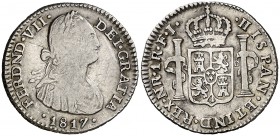 1817. Fernando VII. Santa Fe de Nuevo Reino. FJ. 1 real. (Cal. 1212) (Restrepo 111-11). 3,30 g. Rara. BC/MBC-.