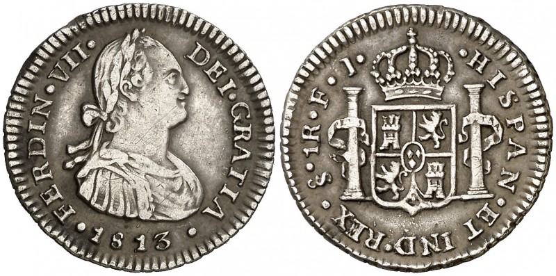 1813. Fernando VII. Santiago. FJ. 1 real. (Cal. 1221). 3,38 g. Golpecitos. Buen ...
