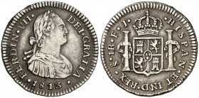 1813. Fernando VII. Santiago. FJ. 1 real. (Cal. 1221). 3,38 g. Golpecitos. Buen ejemplar. Escasa así. MBC/MBC+.
