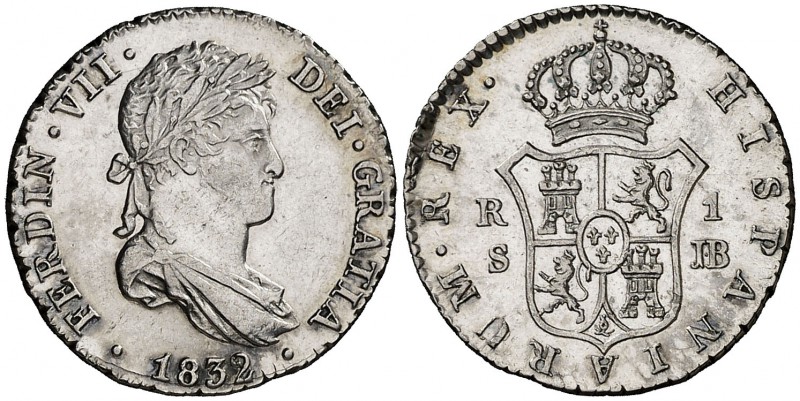 1832. Fernando VII. Sevilla. JB. 1 real. (Cal. 1228). 3,05 g. Bella. Parte de br...