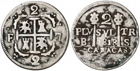 1818. Fernando VII. Caracas. BS. 2 reales. (Cal. 841). 4,65 g. Leones y castillos. Fecha grande. Manchitas. (MBC).