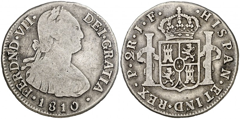 1810. Fernando VII. Popayán. JF. 2 reales. (Cal. 974) (Restrepo 114-1). 6,53 g. ...