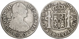 1810. Fernando VII. Popayán. JF. 2 reales. (Cal. 974) (Restrepo 114-1). 6,53 g. Rara. BC/BC+.