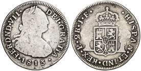 1813/0. Fernando VII. Popayán. JF. 2 reales. (Cal. 976) (Restrepo falta). 6,40 g. Rara. BC-/BC.