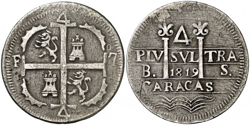 1819. Fernando VII. Caracas. BS. 4 reales. (Cal. 706). 9,07 g. Leones y castillo...
