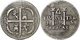 1819. Fernando VII. Caracas. BS. 4 reales. (Cal. 706). 9,07 g. Leones y castillos. Rayitas. Muy rara y más sin perforación. (MBC).